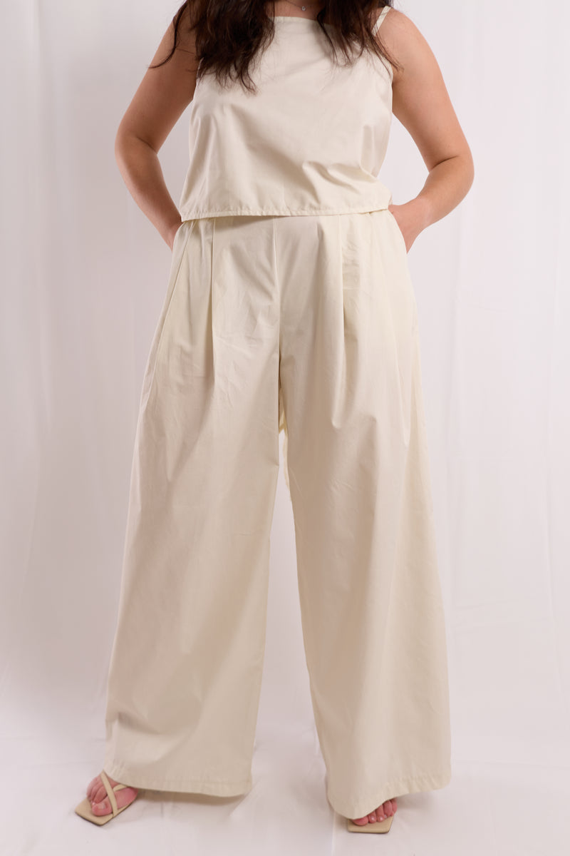 Cream Pleated Wide-Leg Trousers