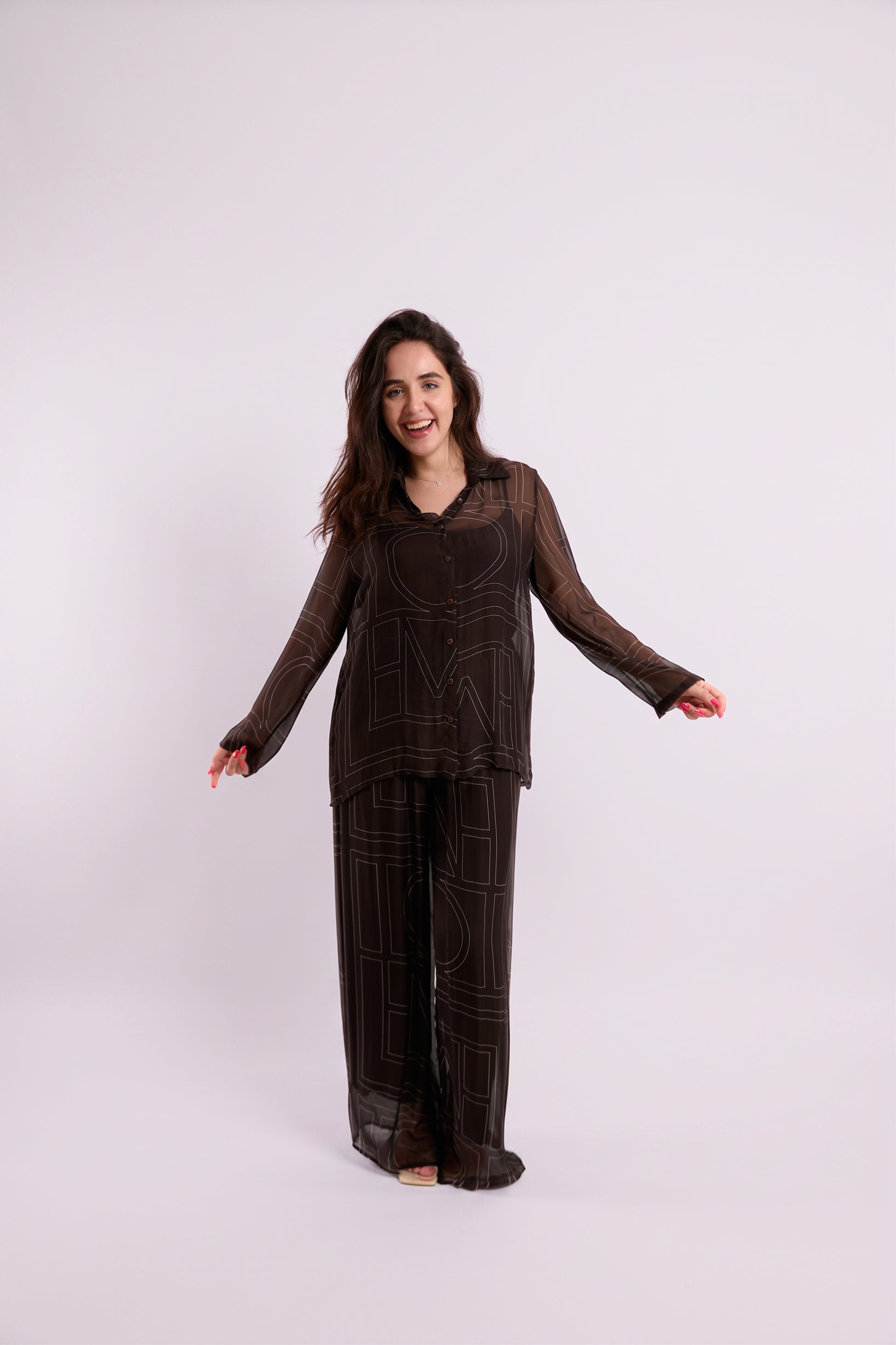 Brown Sheer Graphic-Print Shirt