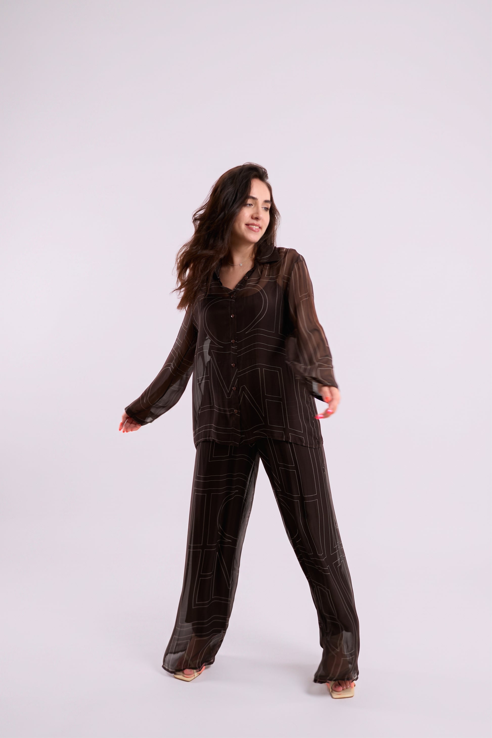 Brown Sheer Graphic-Print Wide-Leg Trousers