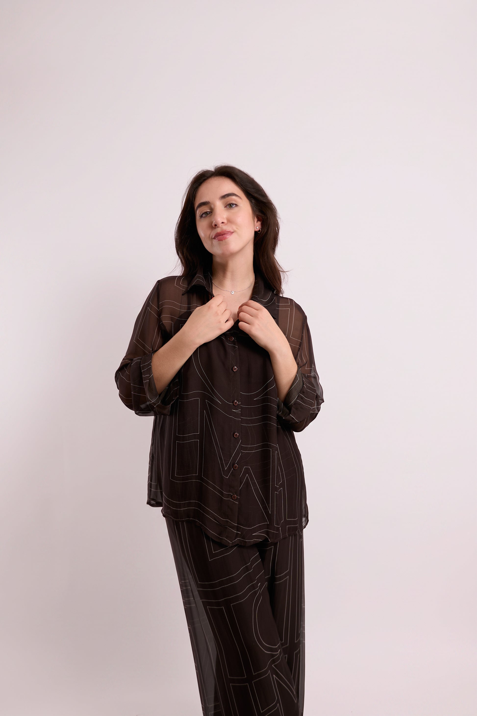 Brown Sheer Graphic-Print Shirt