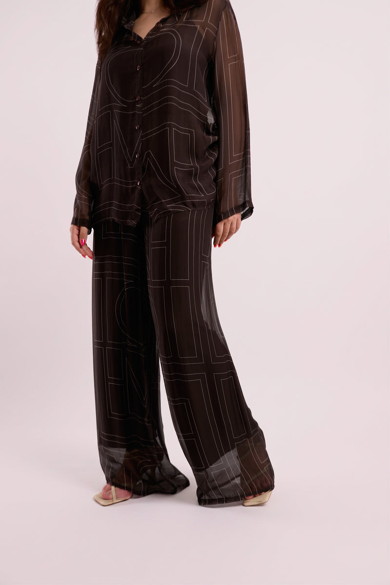 Brown Sheer Graphic-Print Wide-Leg Trousers