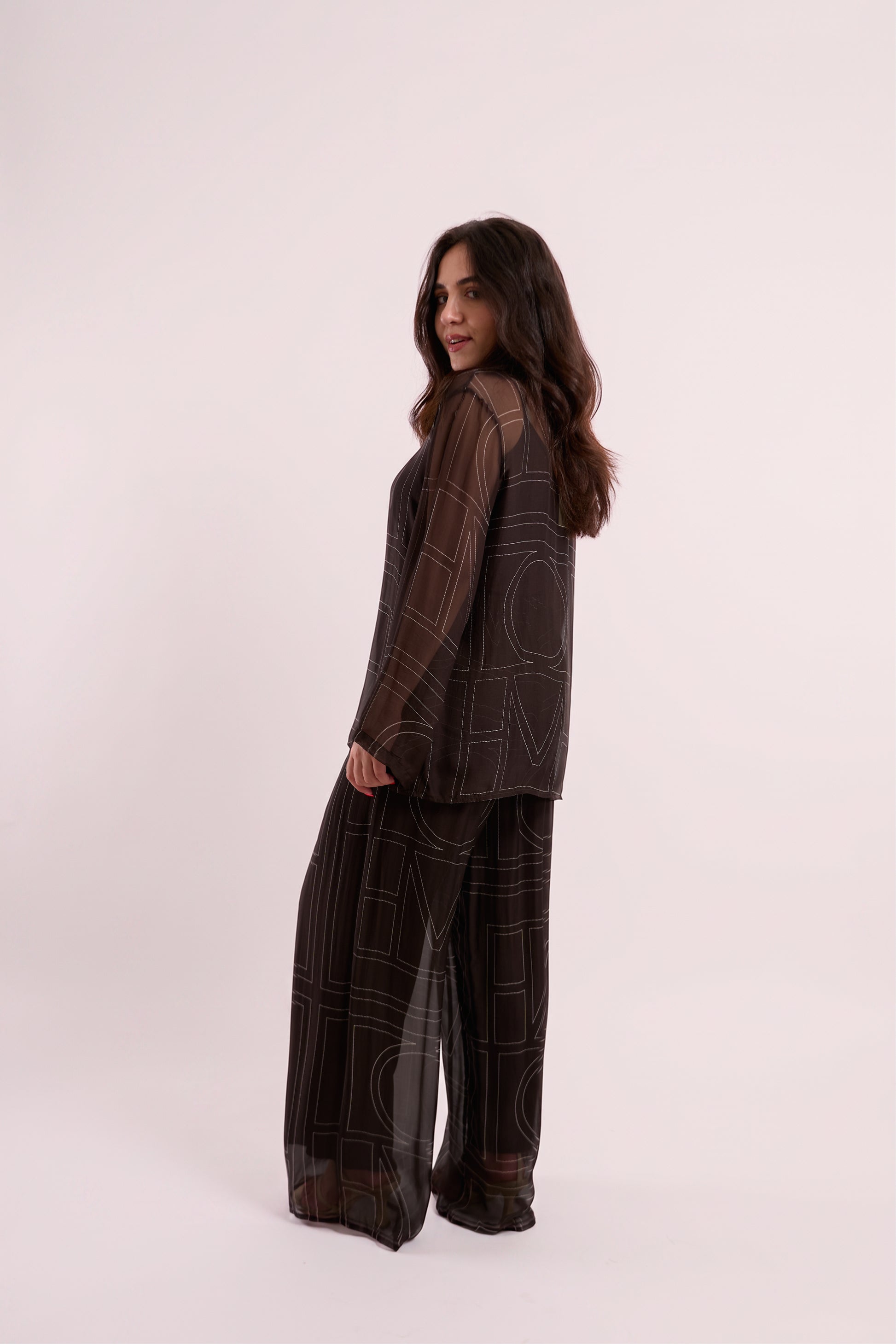 Brown Sheer Graphic-Print Wide-Leg Trousers
