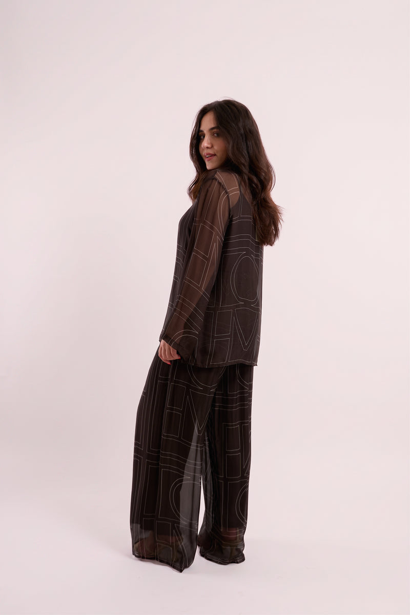 Brown Sheer Graphic-Print Wide-Leg Trousers