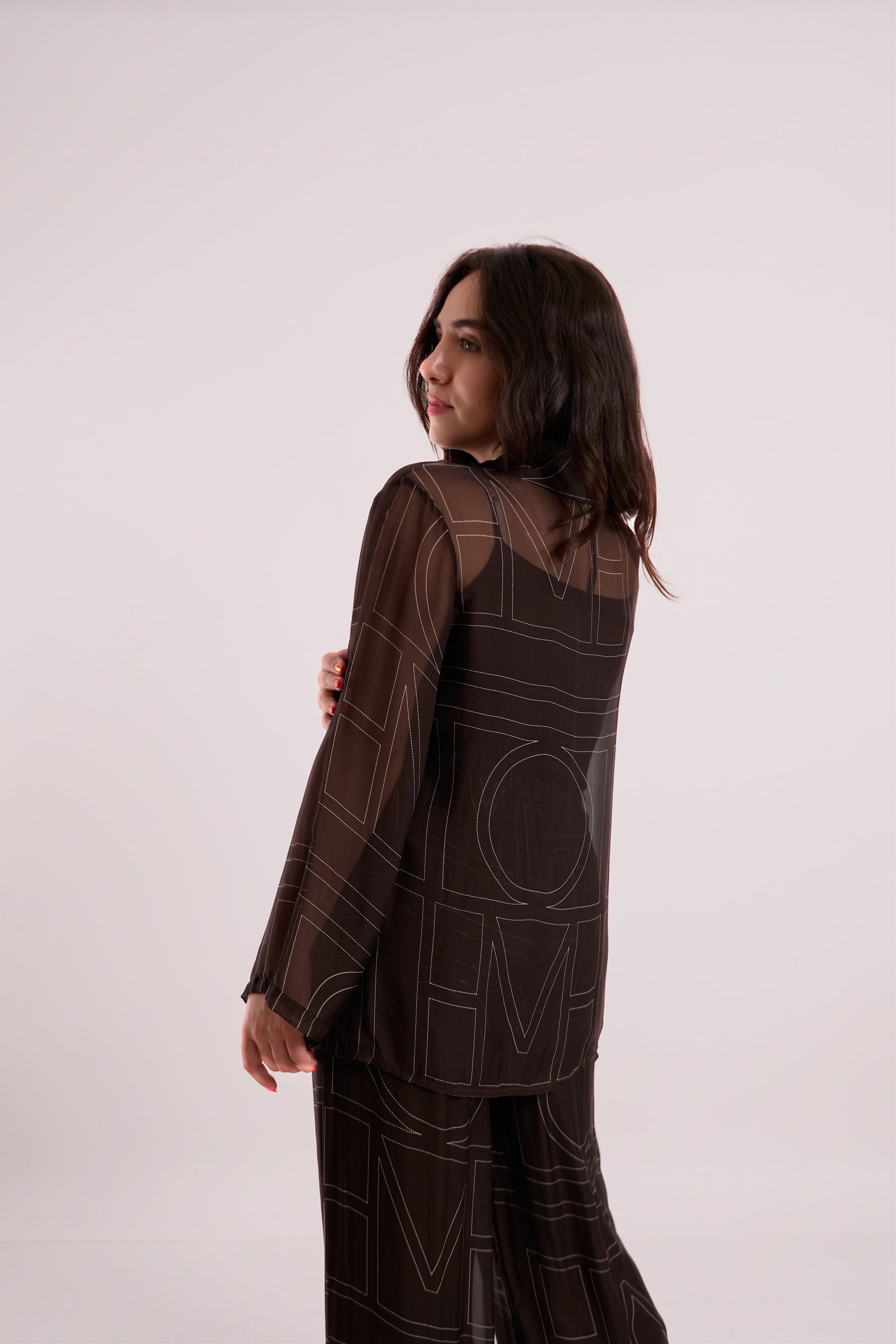 Brown Sheer Graphic-Print Shirt