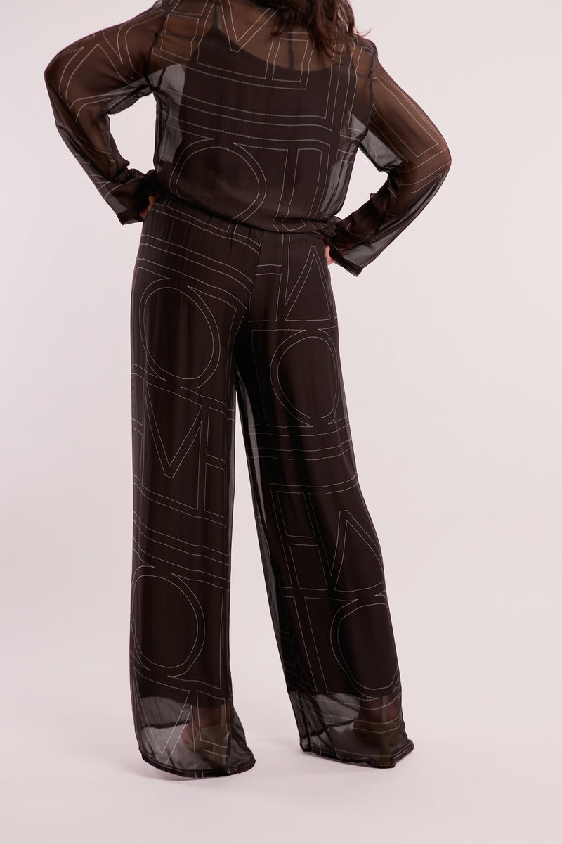 Brown Sheer Graphic-Print Wide-Leg Trousers
