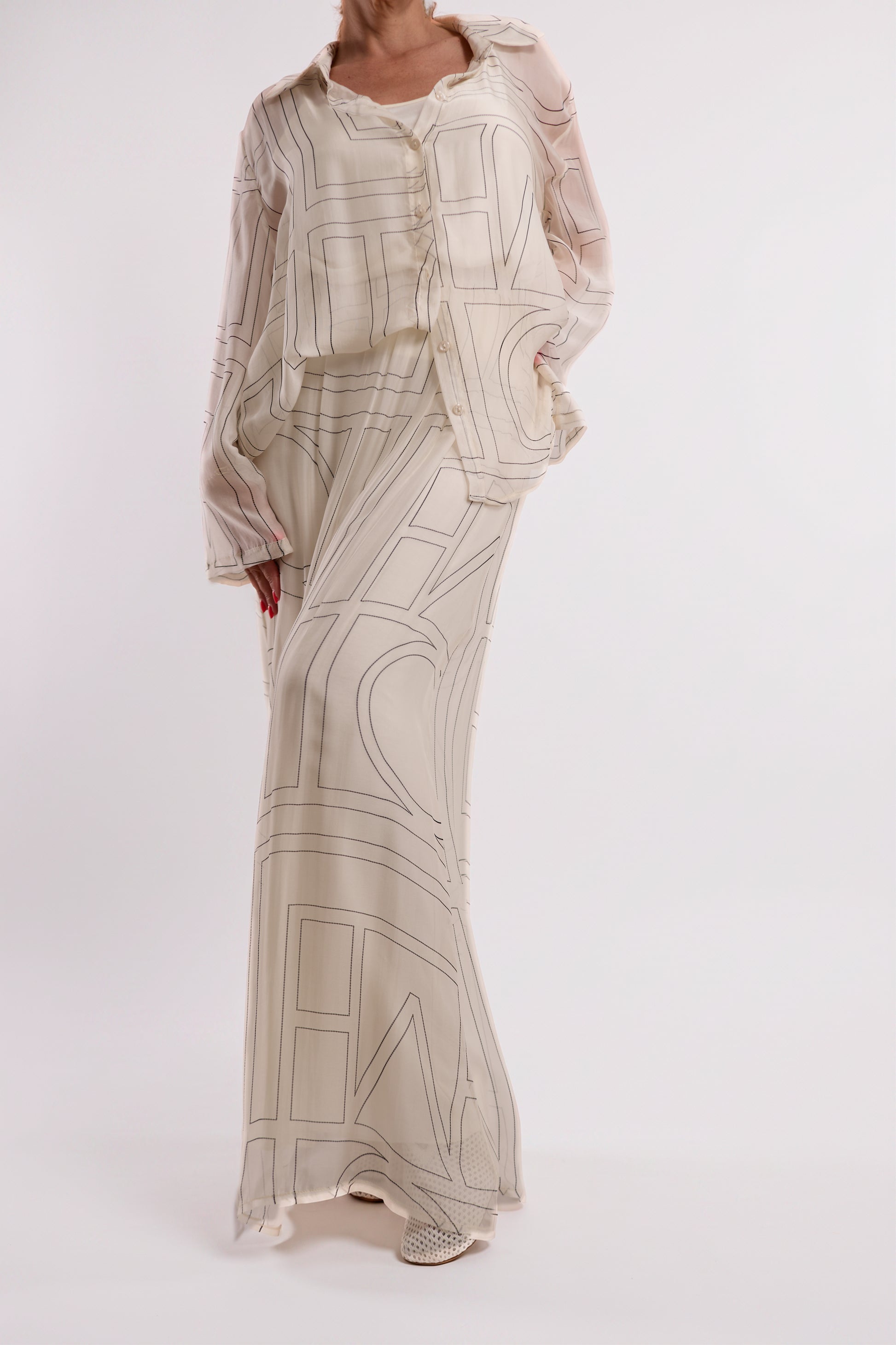 Cream Sheer Graphic-Print Maxi Skirt