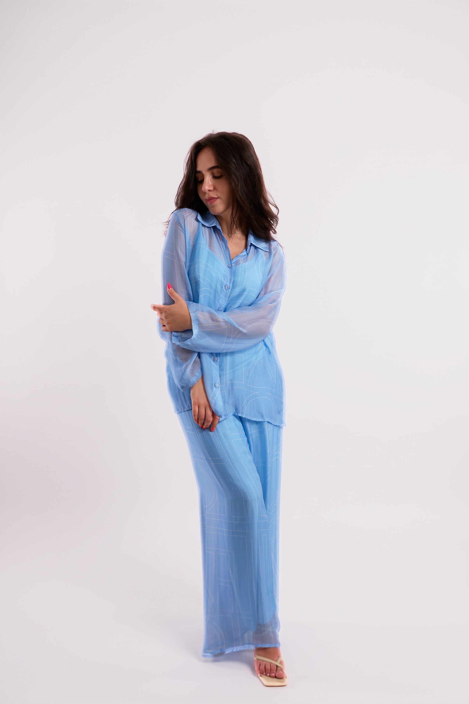 Baby Blue Sheer Graphic-Print Wide-Leg Trousers