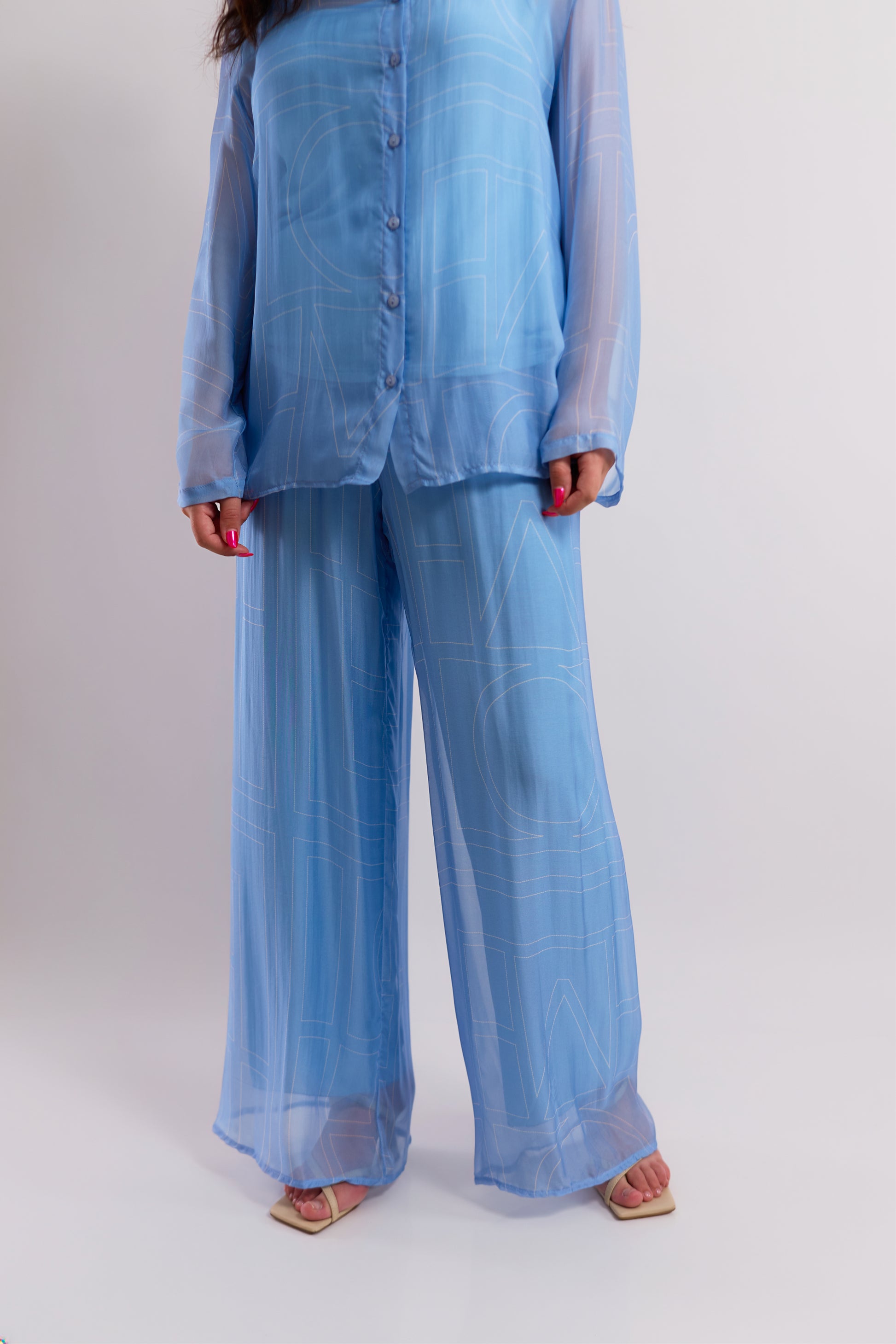 Baby Blue Sheer Graphic-Print Wide-Leg Trousers