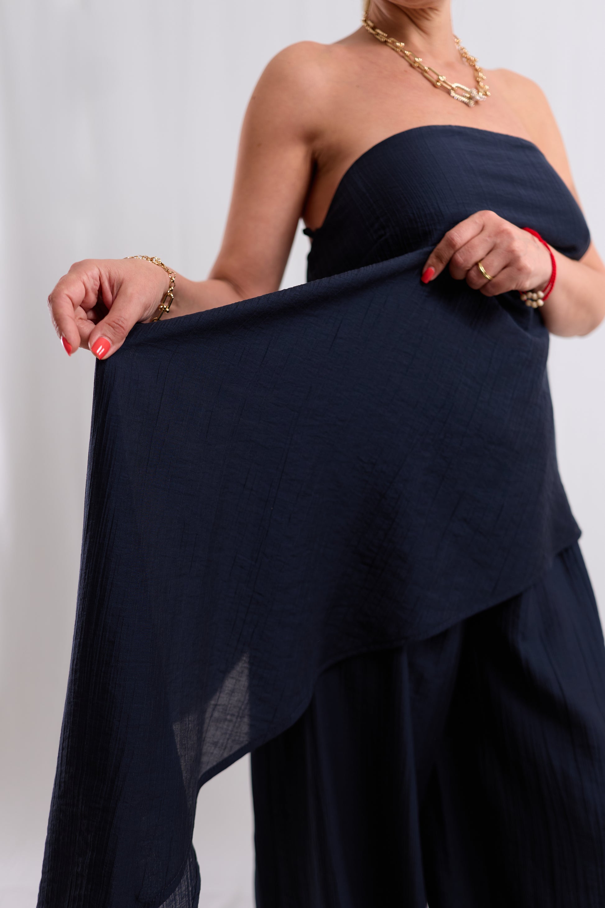 Navy Strapless Wrap-Hem Top