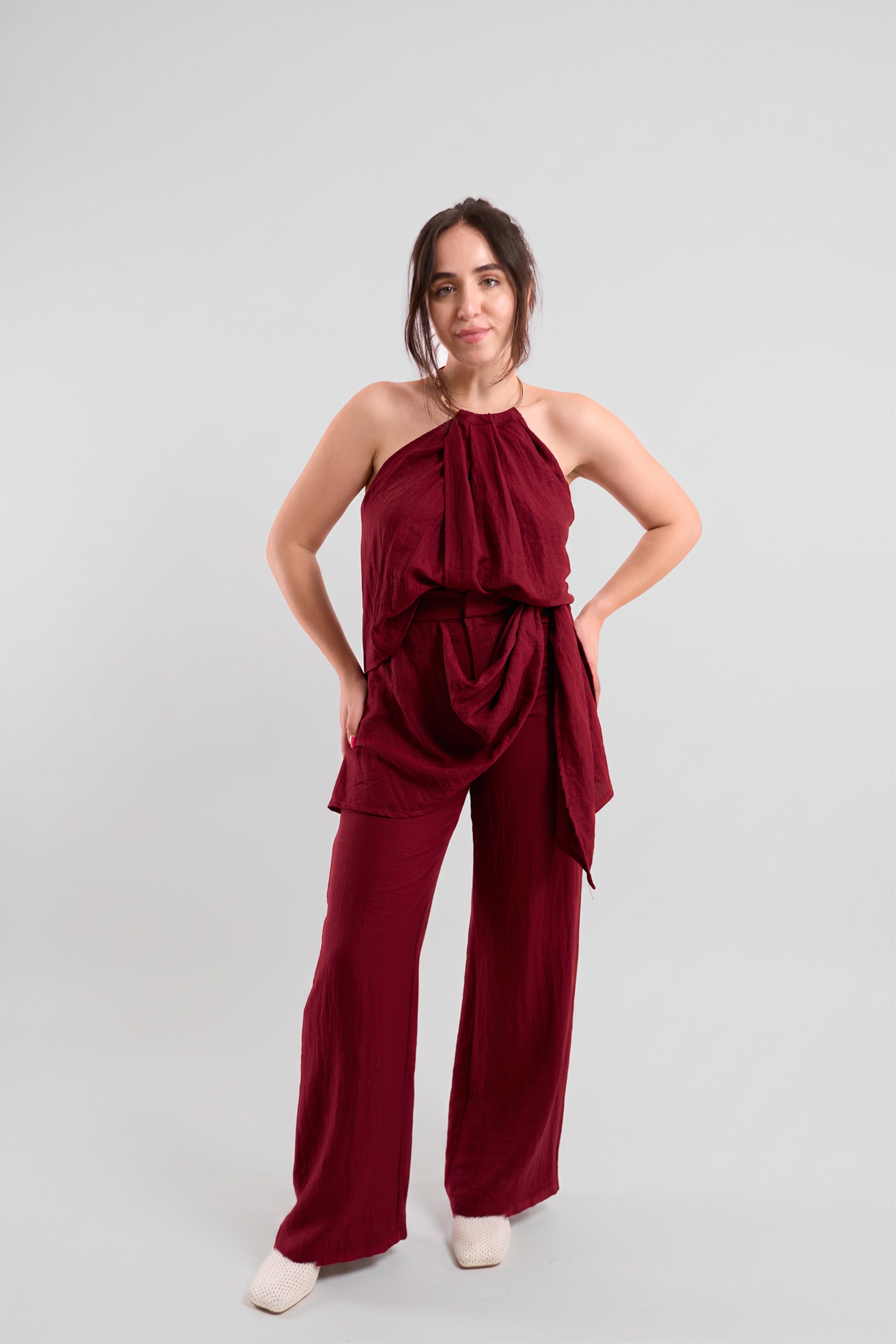 Burgundy Textured Wide-Leg Trousers