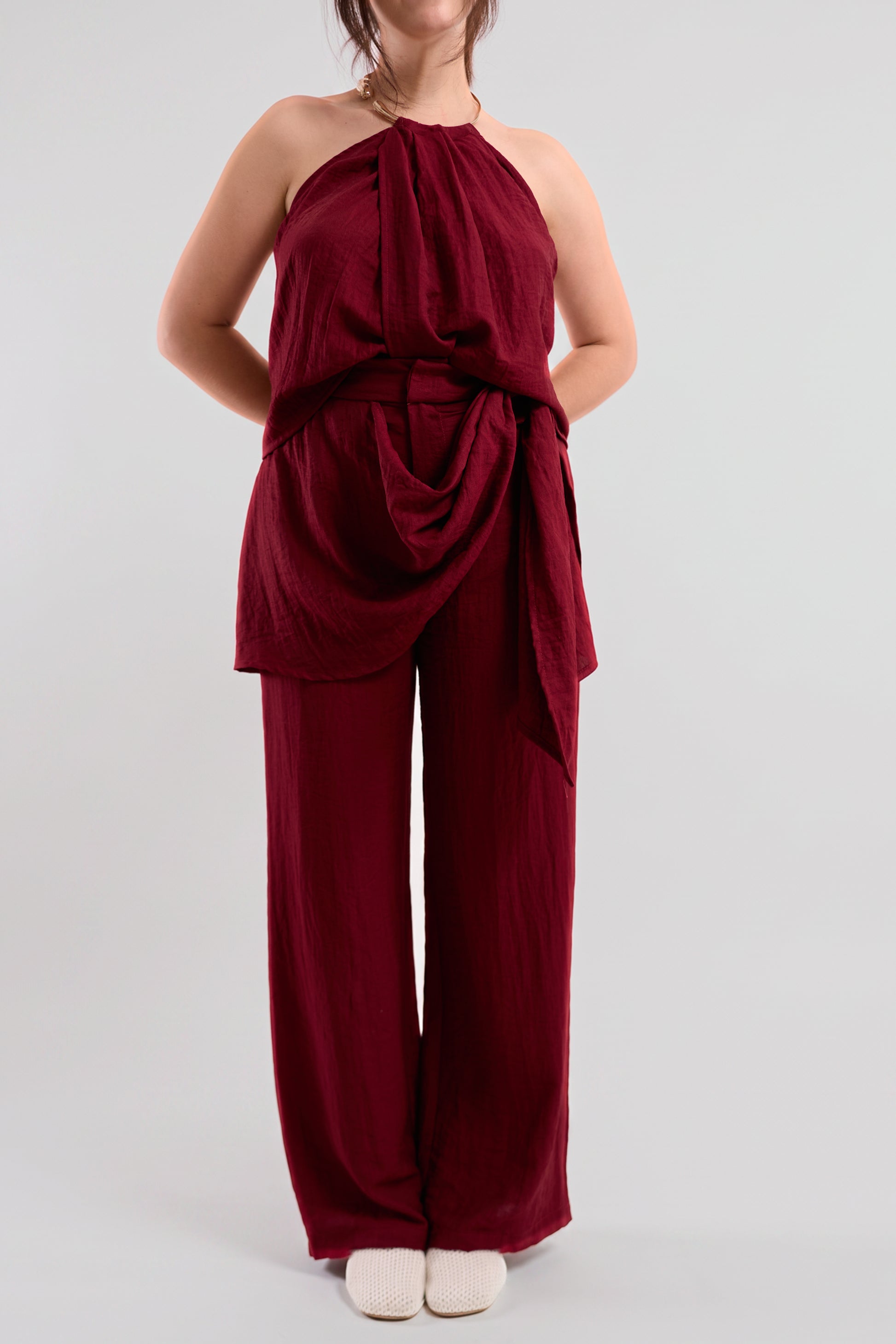 Burgundy Textured Wide-Leg Trousers