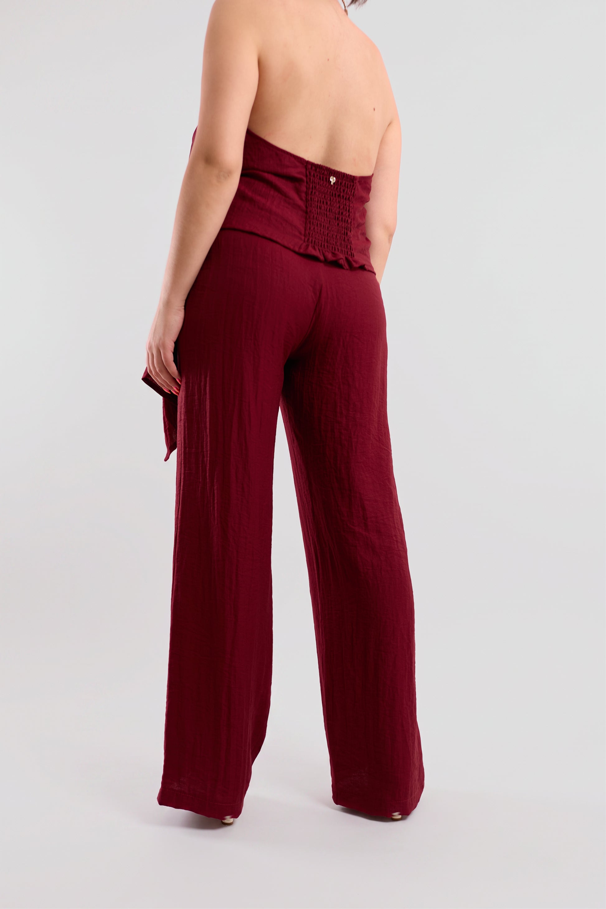 Burgundy Textured Wide-Leg Trousers