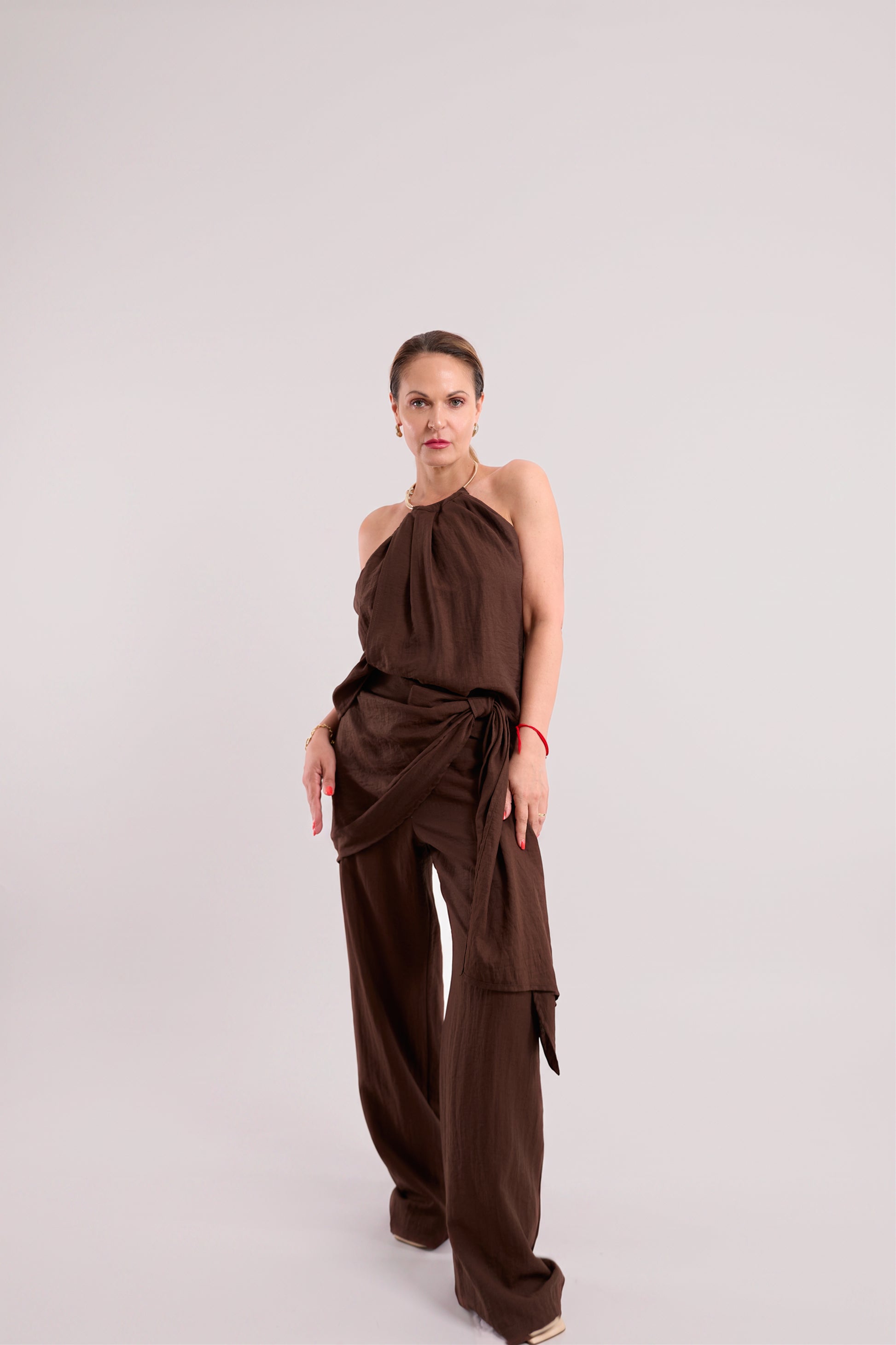 Brown Textured Wide-Leg Trousers