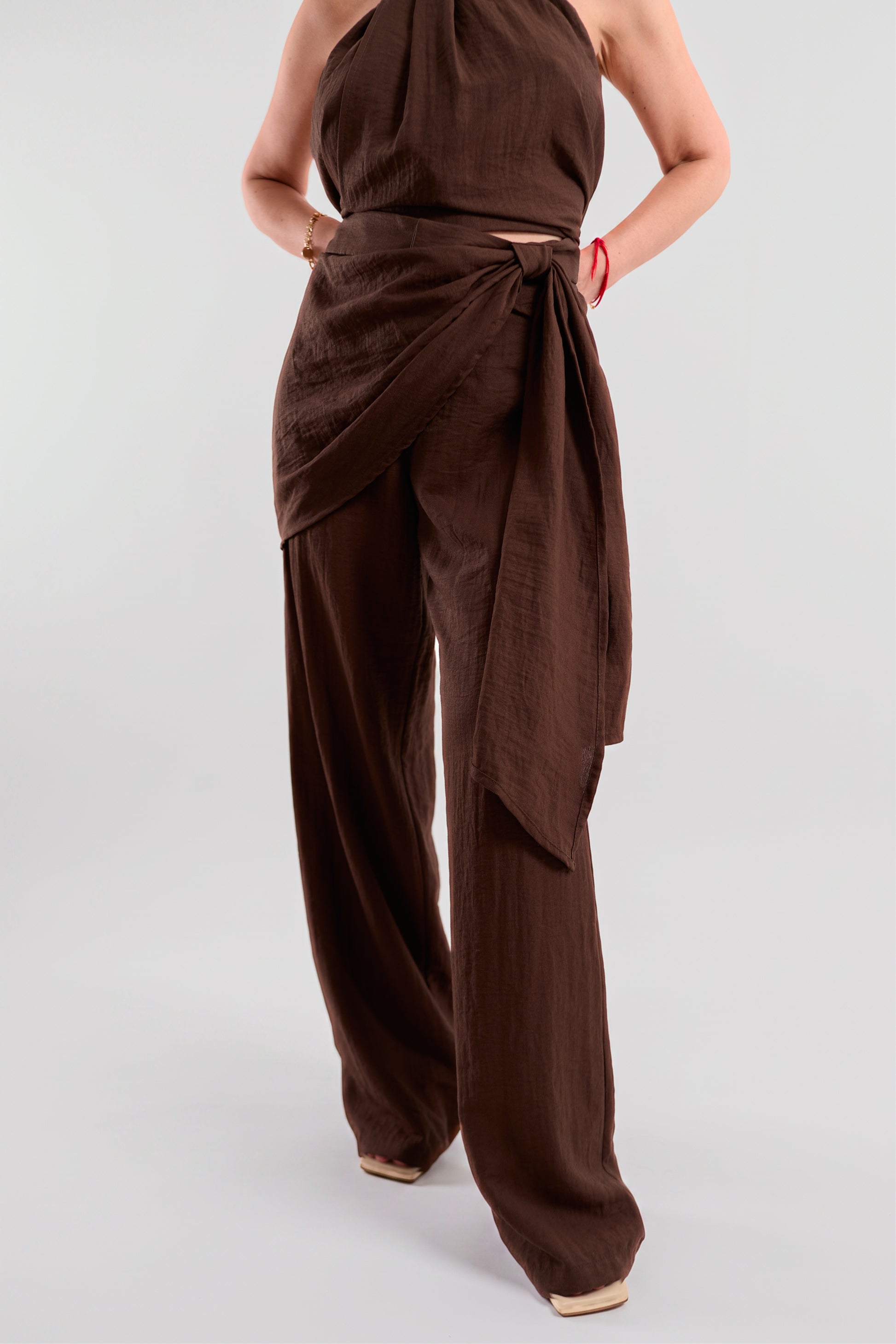 Brown Textured Wide-Leg Trousers