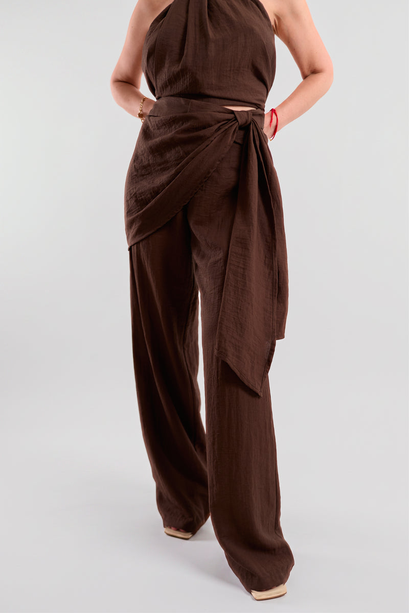 Brown Textured Wide-Leg Trousers