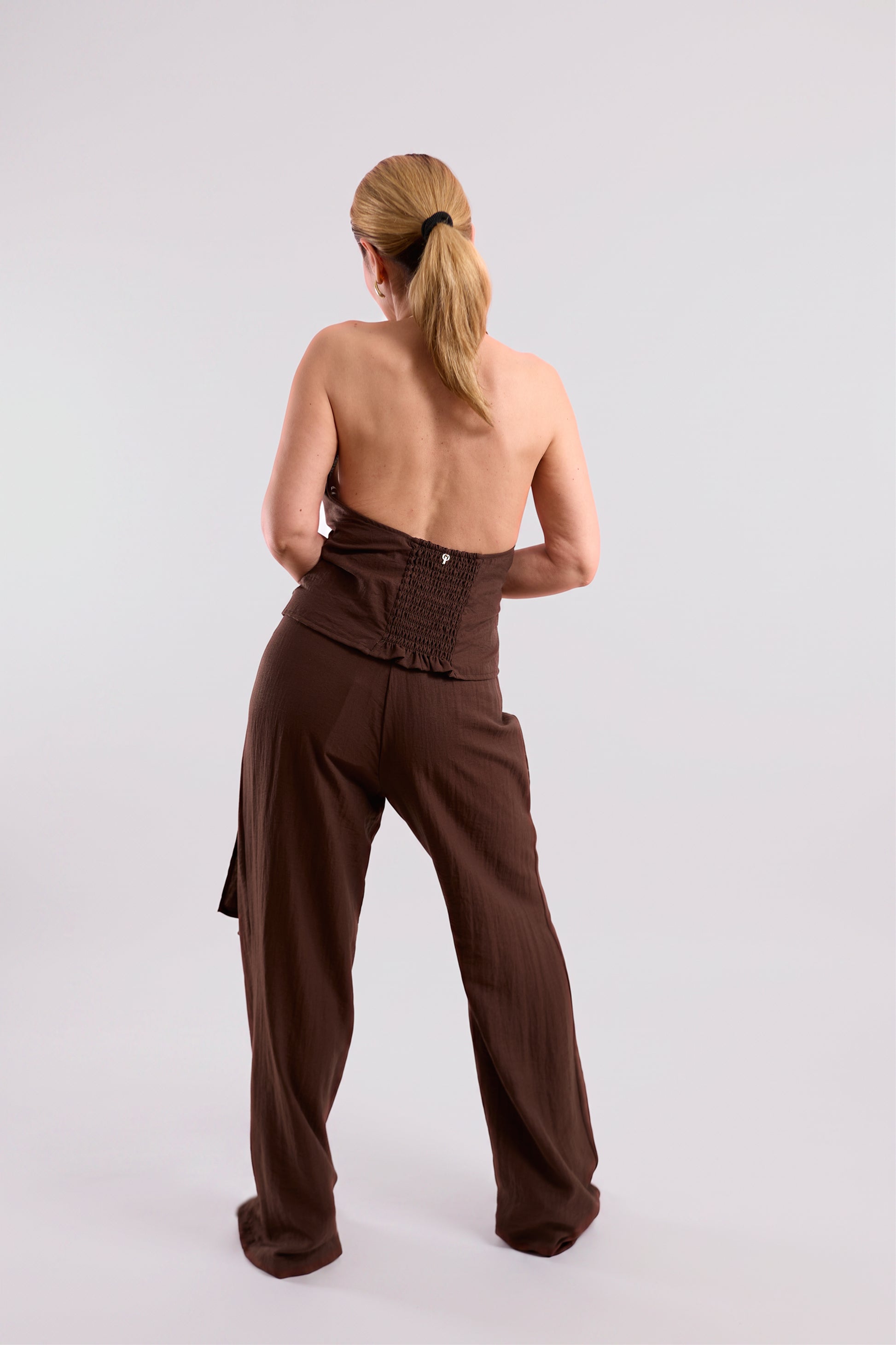 Brown Textured Wide-Leg Trousers