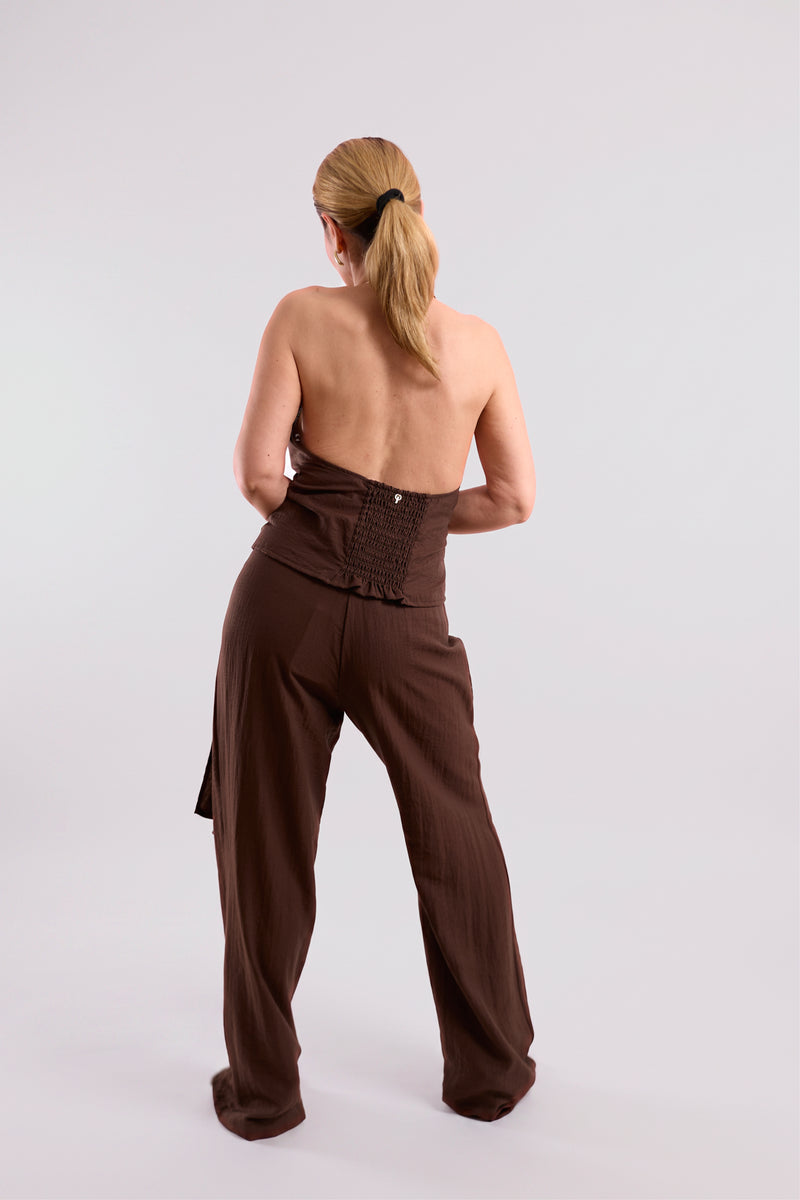 Brown Textured Wide-Leg Trousers