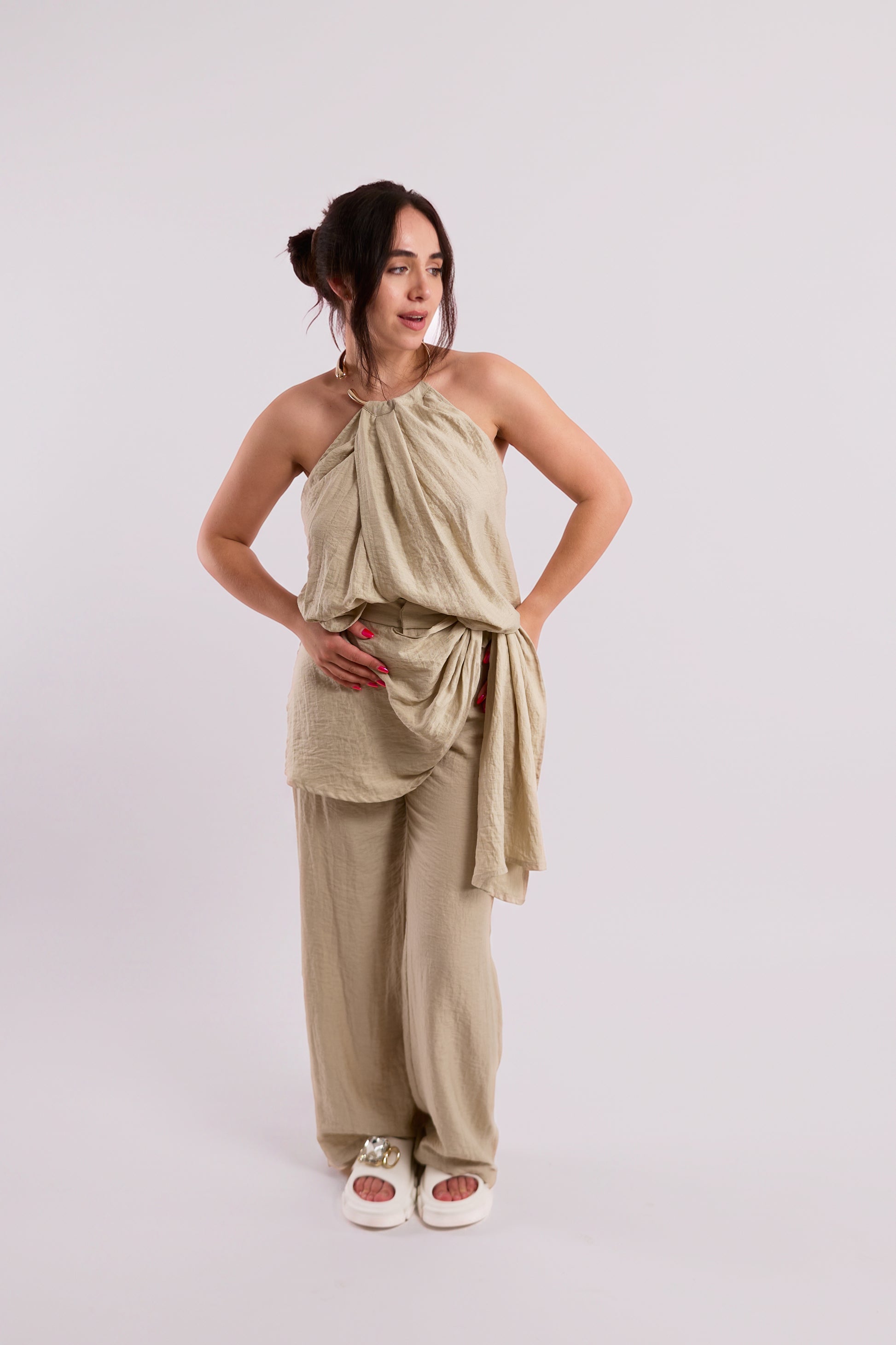 Cream Textured Wide-Leg Trousers