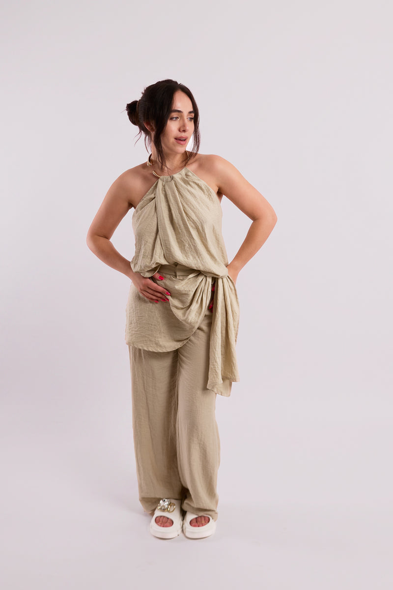 Cream Textured Wide-Leg Trousers