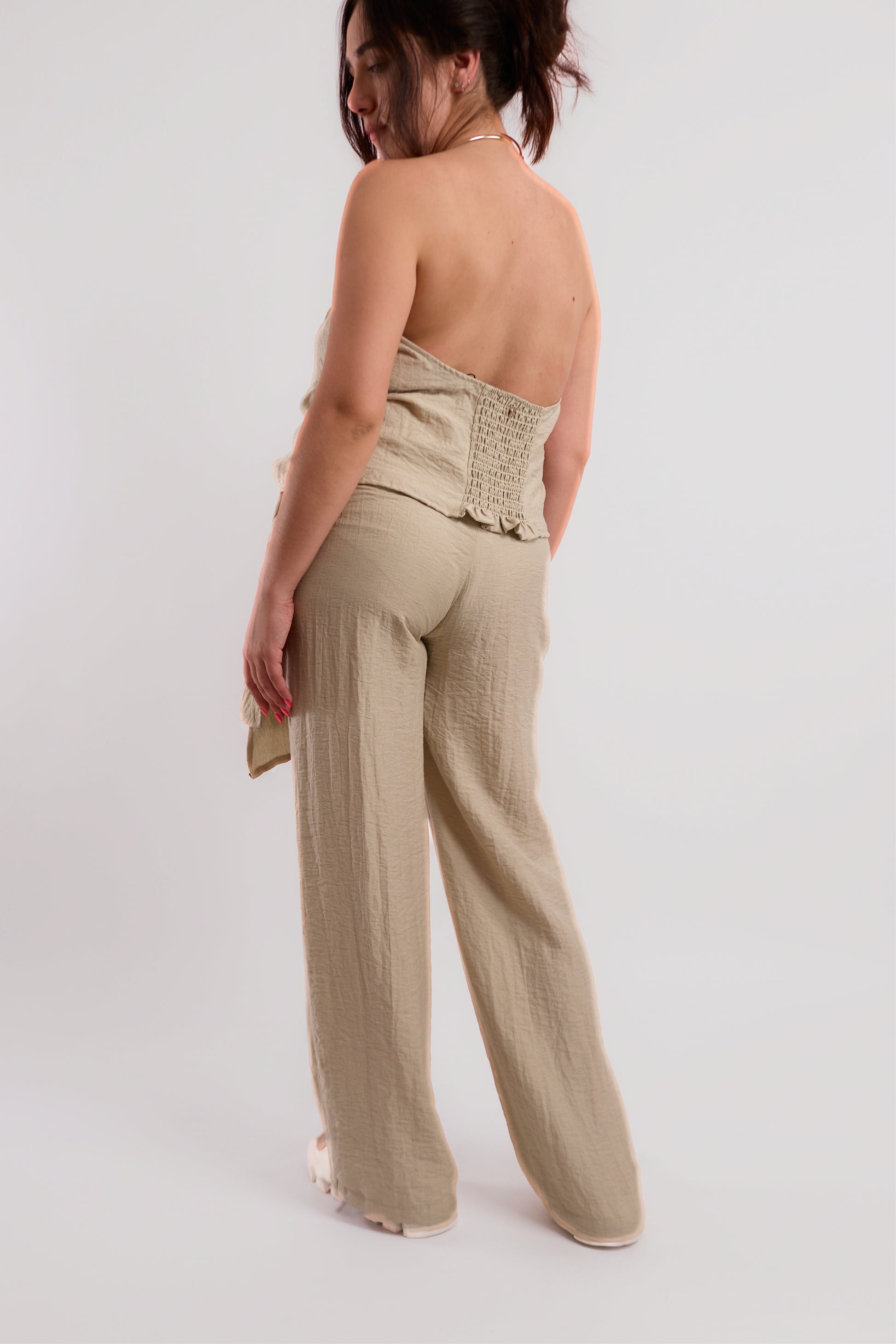 Cream Textured Wide-Leg Trousers