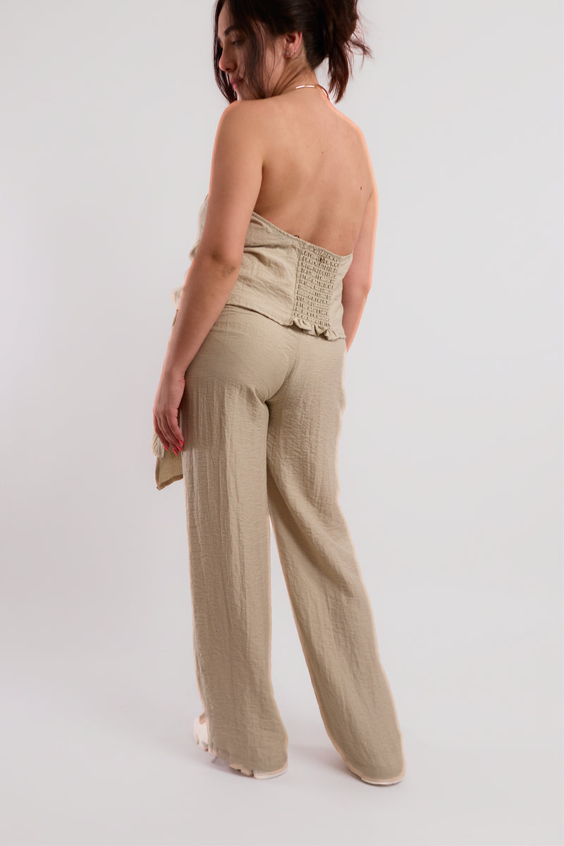 Cream Textured Wide-Leg Trousers