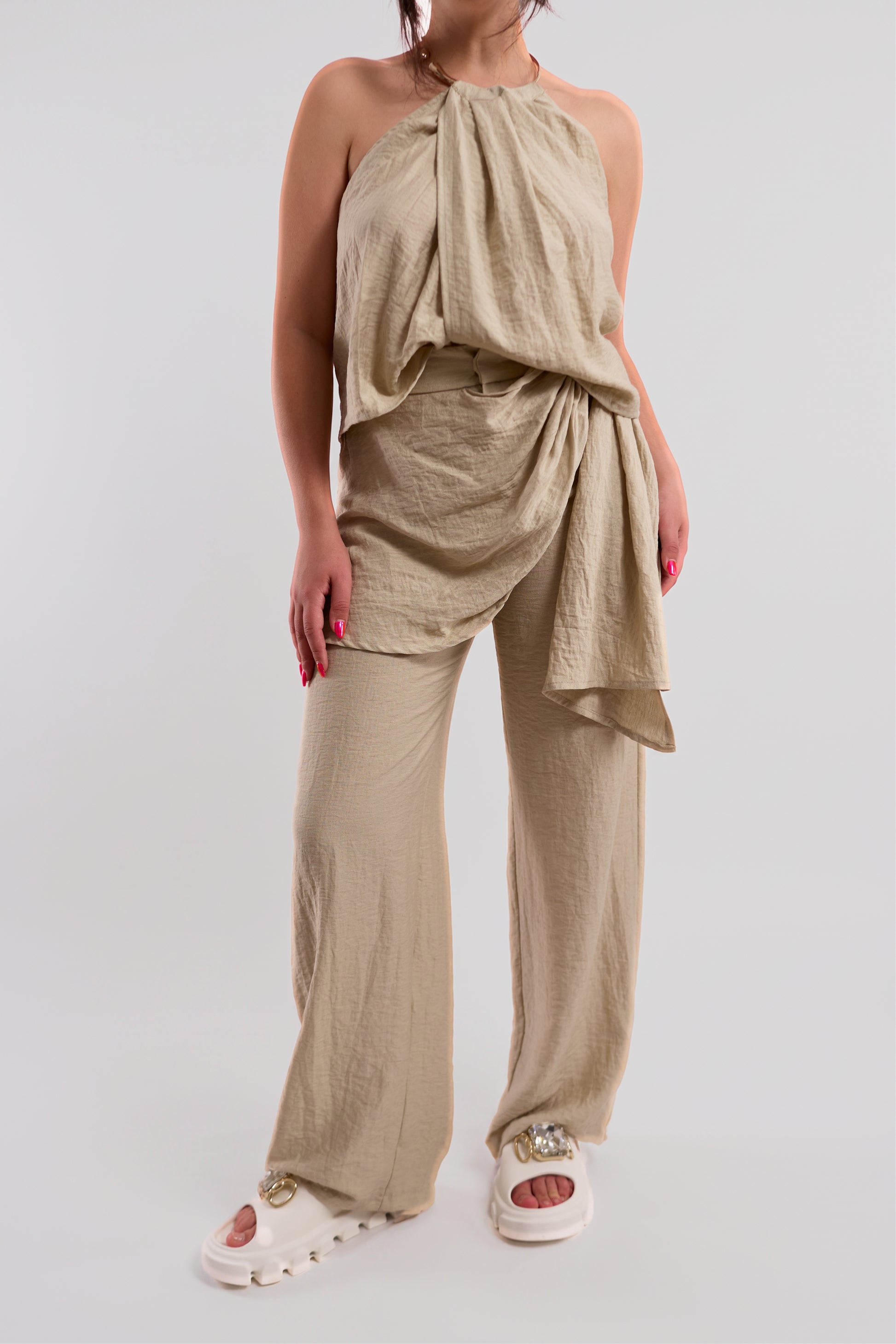 Cream Textured Wide-Leg Trousers