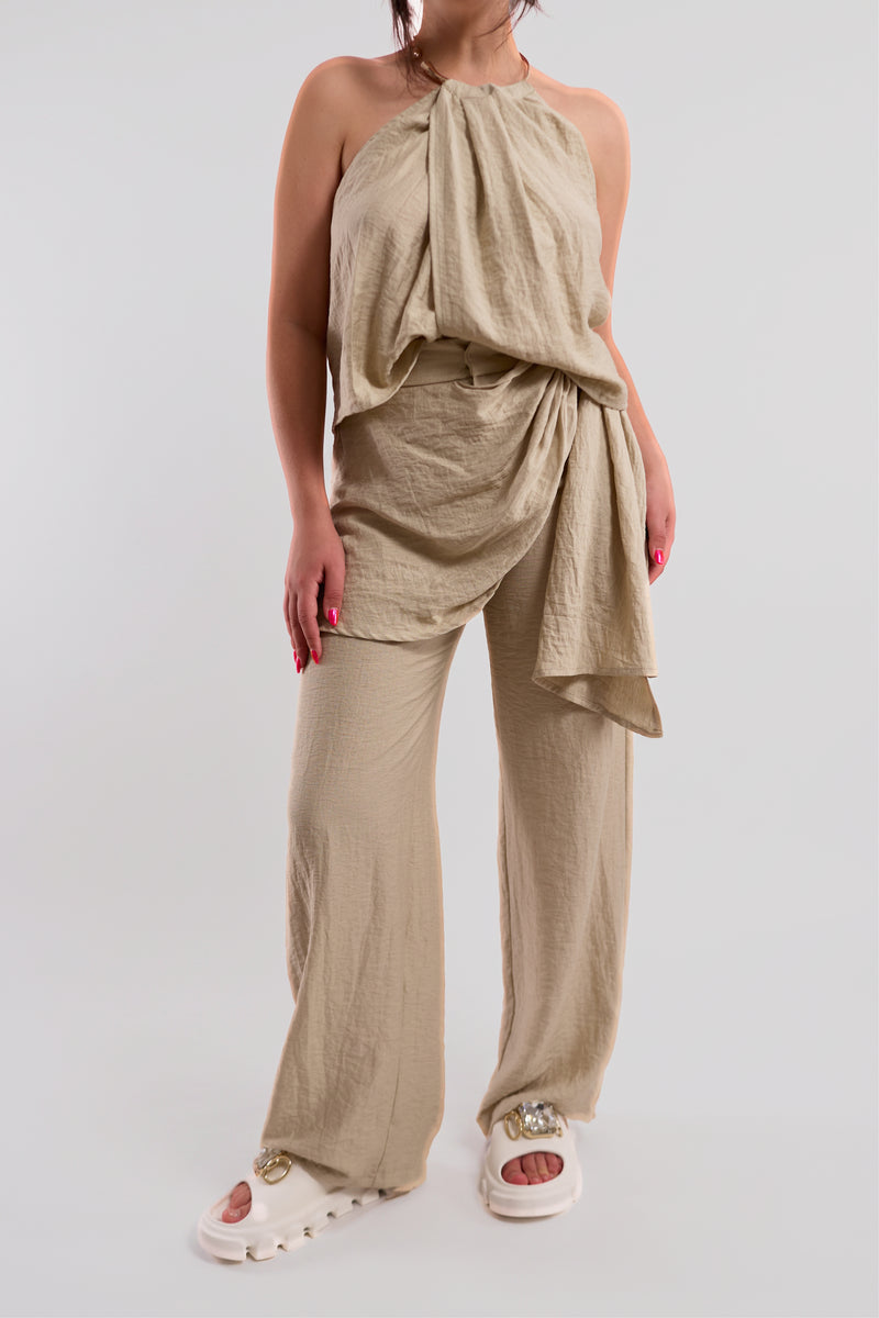 Cream Textured Wide-Leg Trousers