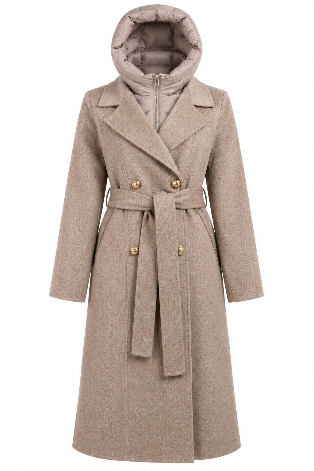 Taupe Double-Breasted Belted Coat