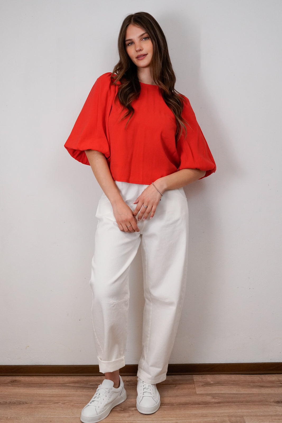 Red Balloon Sleeve Blouse