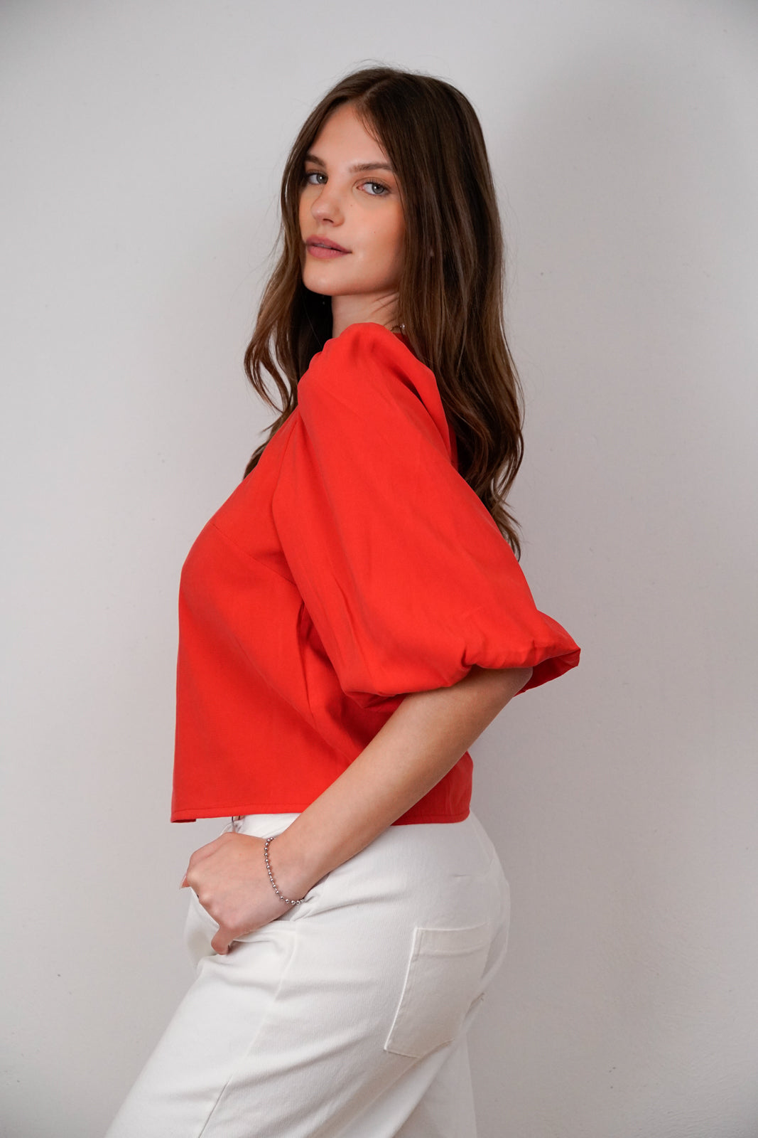 Red Balloon Sleeve Blouse