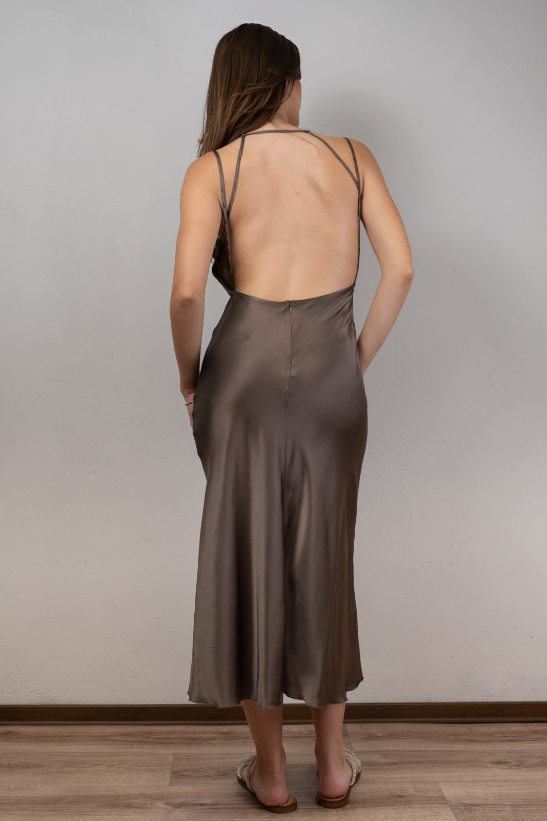 Taupe Satin Slip Midi Dress