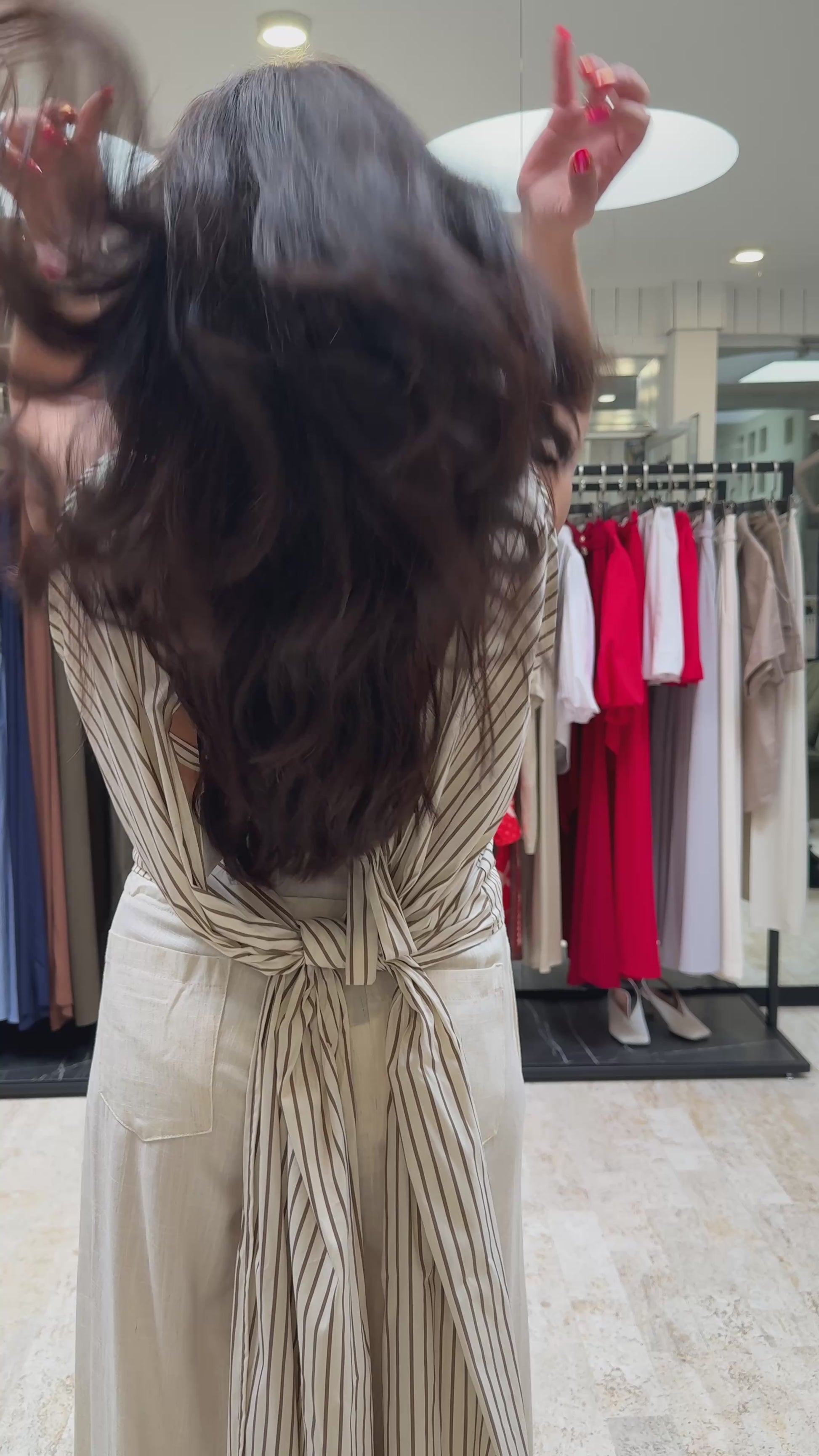 Cream Striped Open-Back Tie Blouse