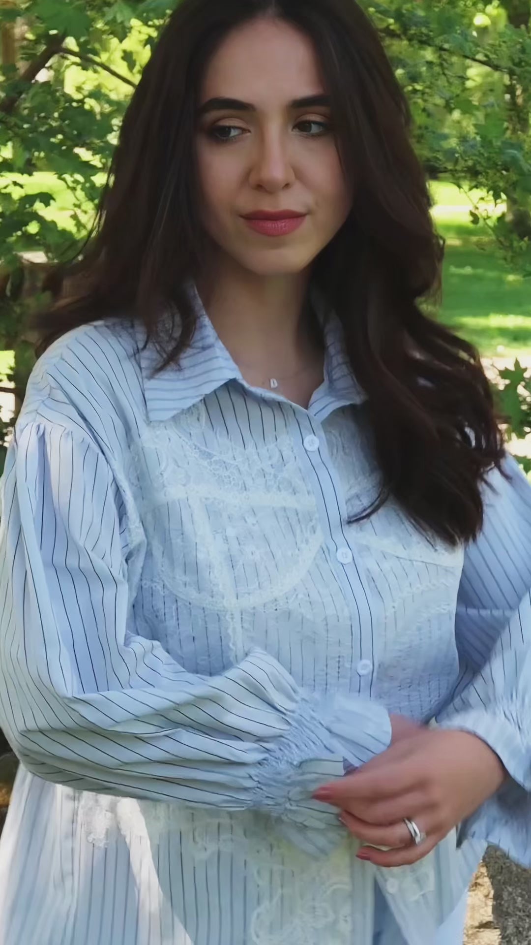 Blue Pinstripe Lace Panel Shirt