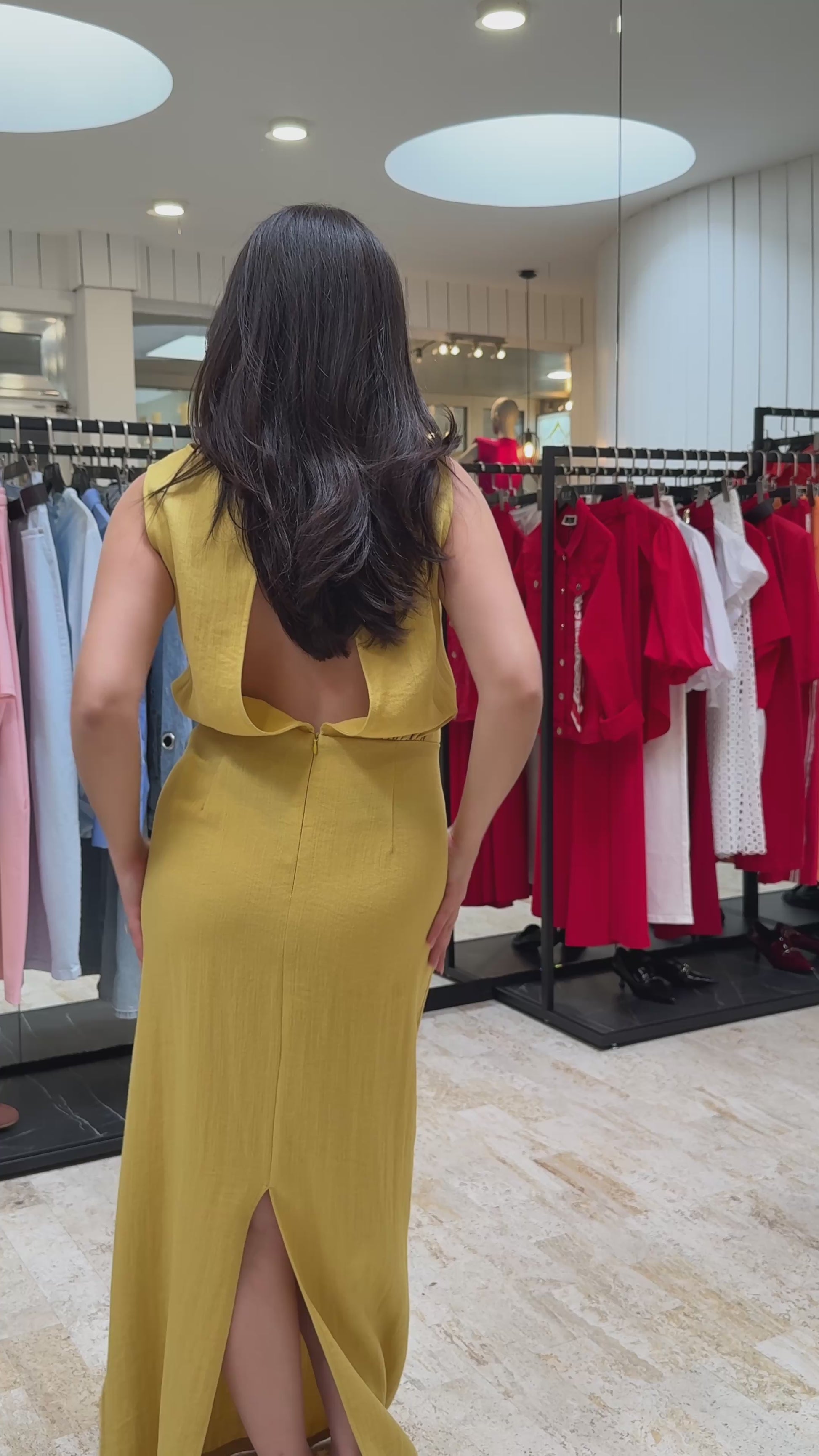 Yellow Open-Back Pearl Detail Linen Maxi Dress